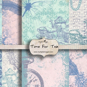 May include: A digital paper pack with a vintage tea party theme. The papers feature a light blue and pink color scheme with a distressed, textured look. The designs include teacups, teapots, feathers, and clocks.