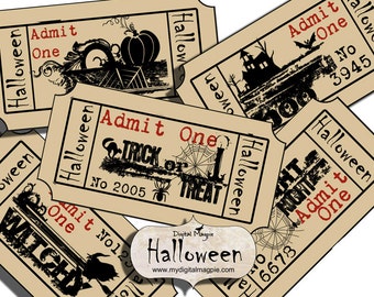 Halloween tickets digital  collage sheet instant download printable vintage style for party scrapbook ephemera journaling