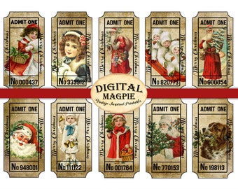 Vintage Christmas tickets digital collage sheet instant download printable Admit One party scrapbook ephemera journaling Santa aged token