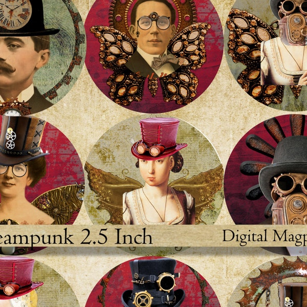 Steampunk 2.5 inch circles digital collage sheet instant download Victorian Gothic cupcake topper mirror tag ladies men c