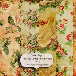Shabby vintage roses digital background paper printable collage sheet 5 x 7 inch for scrapbooks,journals and other crafts