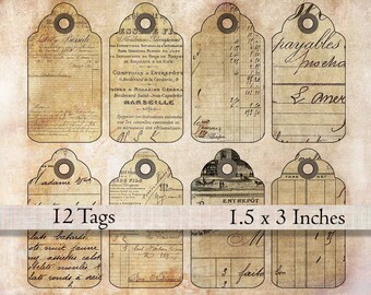 Printable gift tags collage sheet vintage antique grunge aged French digital download office scrapbook ephemera