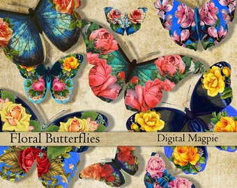 Butterfly fairy wings 2 digital collage sheets butterflies and flowers scrapbooks altered art journals instant download paper craft papers