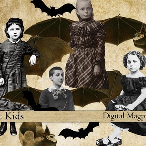 Halloween bat children collage sheet creepy Vintage kids paper doll digital printable scrapbooking altered art journaling jpeg