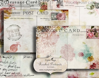 digital collage sheet printable postcards 4x6 inch craft or scrapbook background images digital paper with roses for instant download