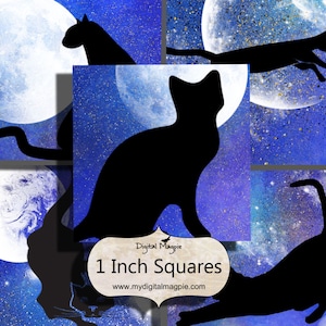 Halloween 1 inch squares Black Cats and moon digital collage sheet printable for instant download pendant images