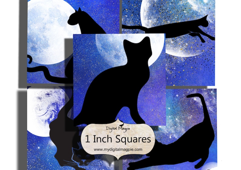 Halloween 1 inch squares Black Cats and moon digital collage sheet printable for instant download pendant images