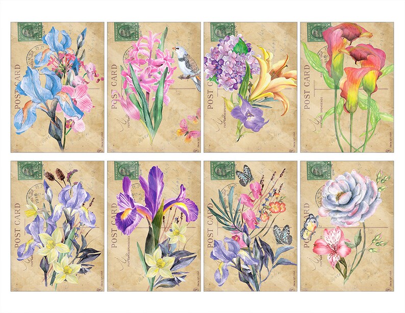 Sjaskig blommig antik digital pappersbakgrund ATC presentetikett vintage scrapbooking 2,5 x 3,5 utskrivbart collageark direktnedladdning bild 2