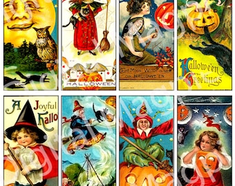 May include: A set of eight vintage Halloween bookmarks featuring illustrations of witches, owls, pumpkins, and moons. The bookmarks are printed on cardstock and have a colorful, whimsical design.