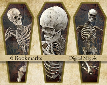 Marcador de Halloween para download instantâneo, marcadores de esqueleto para impressão, caixão, folha de colagem digital, truque ou travessura, livro, presente para amantes