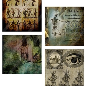 Pode incluir: Uma colagem de ilustra&ccedil;&otilde;es e imagens vintage com uma est&eacute;tica escura e g&oacute;tica. As imagens incluem um esqueleto, um p&aacute;ssaro em um frasco, um olho humano e uma s&eacute;rie de figuras com chifres. O texto na imagem diz "Elixir Salutis, The Choise Drink of Health, Being A Famous Cordial Drink, found out by the Providence of the Almighty, and experienced a most excellent Preservative of Mankind, A SECRET Far beyond any Medicament yet known, And in its Operation agreeable to the Temper, as fortifying the Blood, and assisting Nature in her Operations, Never fails in any Disease, by the Blessing of God, to give Ease, and often the perfect Cure.  Sold by the Author, at his House, near the New Church, in the Strand, London."