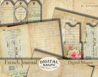Printable French journal kit Vintage France digital junk journal paper pack grunge shabby collage sheet journaling download scrapbook