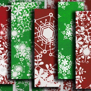 May include: Five digital paper designs featuring white snowflake patterns on red and green backgrounds. The designs are perfect for scrapbooking, card making, and other paper crafts.