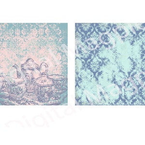 May include: A vintage tea set with a teapot and four cups on a tray, with a blue and pink distressed background.