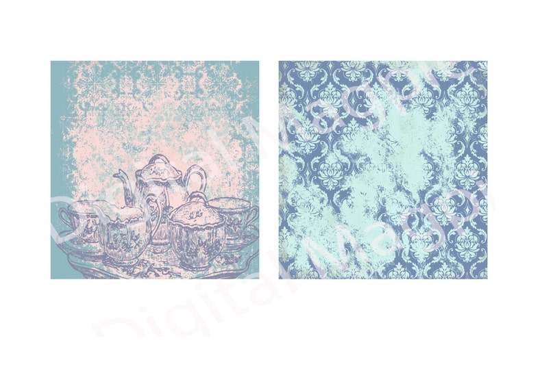May include: A vintage tea set with a teapot and four cups on a tray, with a blue and pink distressed background.
