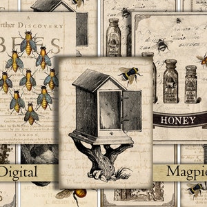Bees digital collage sheet download vintage gift tag image antique printable card ATC beekeeping 2.5 x 3.5 altered art digital clipart honey