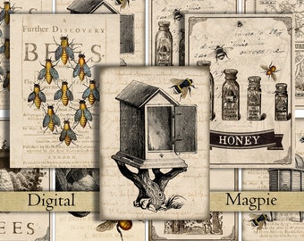 Bees digital collage sheet download vintage gift tag image antique printable card ATC beekeeping 2.5 x 3.5 altered art digital clipart honey