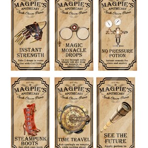 K&ouml;nnte beinhalten: Sechs Flaschen mit Zaubertr&auml;nken im Vintage-Stil mit Etiketten und Illustrationen. Die Etiketten lauten "Sofortige St&auml;rke", "Magische Monokel-Tropfen", "Druckloser Trank", "Steampunk-Stiefel", "Zeitreise" und "Die Zukunft sehen".