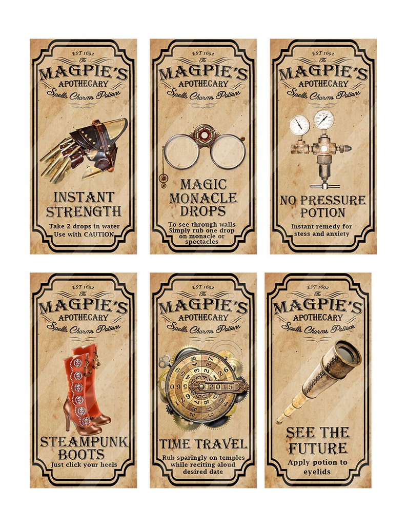 K&ouml;nnte beinhalten: Sechs Flaschen mit Zaubertr&auml;nken im Vintage-Stil mit Etiketten und Illustrationen. Die Etiketten lauten "Sofortige St&auml;rke", "Magische Monokel-Tropfen", "Druckloser Trank", "Steampunk-Stiefel", "Zeitreise" und "Die Zukunft sehen".