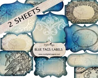 digital collage sheet blank blue labels tags antique shabby vintage labels printable for jars bottles scrapbook ephemera