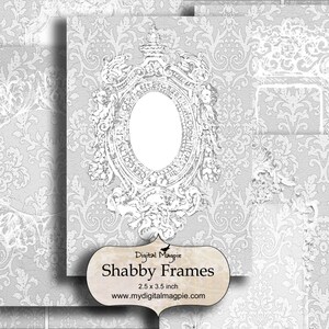 May include: Set of eight digital scrapbook paper frames with a white damask pattern on a gray background. The frames are 2.5 x 3.5 inches and feature a vintage, shabby chic style.