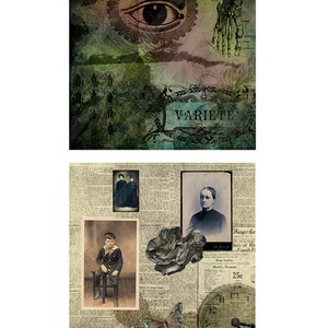Pode incluir: Uma colagem de imagens vintage que inclui um olho grande com um brilho solar, um p&eacute; esquel&eacute;tico, uma borboleta, um mostrador de rel&oacute;gio e v&aacute;rias fotografias antigas. A palavra "VARIE'TE" &eacute; vis&iacute;vel na imagem superior.