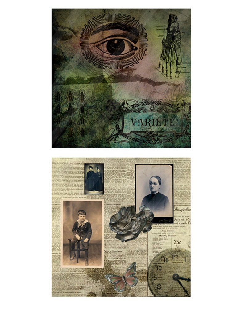Pode incluir: Uma colagem de imagens vintage que inclui um olho grande com um brilho solar, um p&eacute; esquel&eacute;tico, uma borboleta, um mostrador de rel&oacute;gio e v&aacute;rias fotografias antigas. A palavra "VARIE'TE" &eacute; vis&iacute;vel na imagem superior.