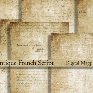 May include: A digital paper pack featuring 10 vintage-style papers with French script writing in brown ink on a cream background. The papers have a distressed, aged look and are perfect for scrapbooking, card making, and other paper crafts.