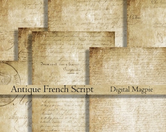 Antique French Script digital paper pack printable scrapbook old paper background grunge aged wrinting instant download  8.5 x 11