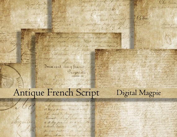 Antique French Script digital paper pack printable scrapbook old paper background grunge aged wrinting instant download  8.5 x 11