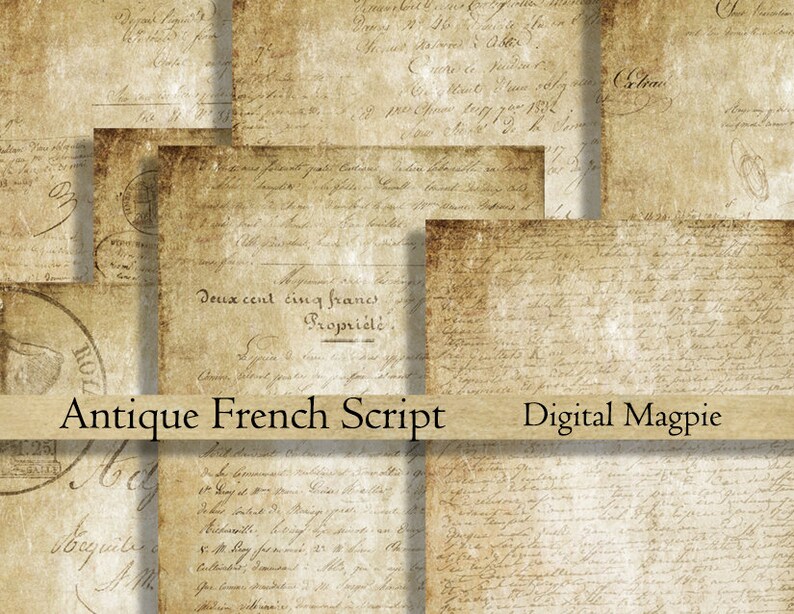 May include: A digital paper pack featuring 10 vintage-style papers with French script writing in brown ink on a cream background. The papers have a distressed, aged look and are perfect for scrapbooking, card making, and other paper crafts.