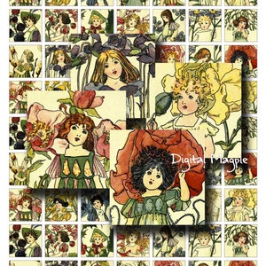 Digital collage sheet Vintage Flower Children 1 inch squares printable inchies for instant download