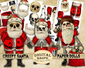 Creepy Santa articulated paper doll collage sheet digital printable download quirky Christmas clip art small gift journaling scrapbooking