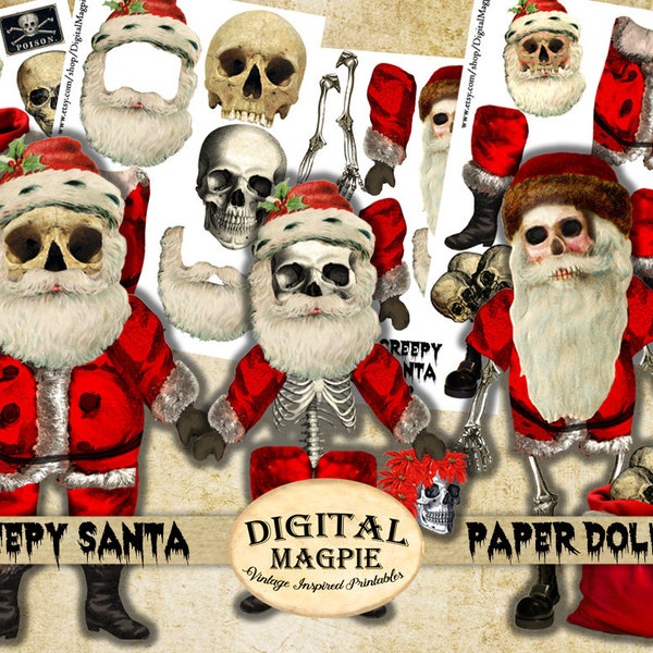 Creepy Santa articulated paper doll collage sheet digital printable download quirky Christmas clip art small gift journaling scrapbooking