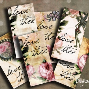 デジタルコラージュシート 1 x 2 インチ ペンダント用ドミノ画像 Love Thee Roses 印刷可能ダウンロード 即時ダウンロード ジュエリー画像