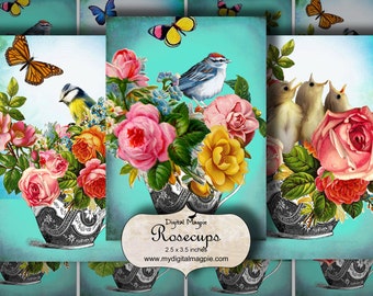 tags digitais folha de colagem download para impressão Imagens de artesanato ATC flores rosas pássaros borboletas papel de álbum de recortes de 2,5 x 3,5 polegadas download instantâneo