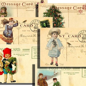 Cartoline natalizie vintage foglio collage stampabile digitale che mostra i bambini che giocano sulla neve 4x6 pollici