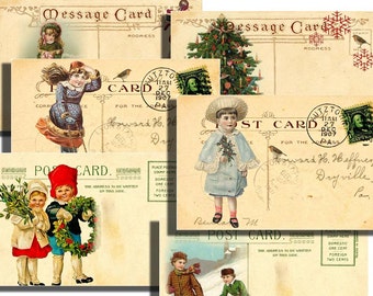 Może przedstawiać: Zbiór vintage świątecznych pocztówek z obrazami dzieci, choinki i rudzika. Na pocztówkach widnieje tekst "Message Card" i "Post Card". Pocztówki są datowane na 27 grudnia 1907 roku.