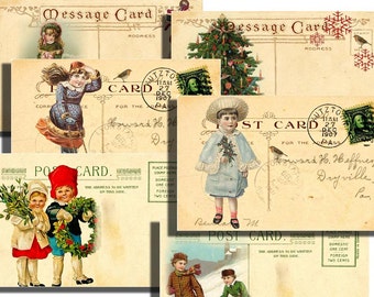 Vintage Christmas postcards digital printable collage sheet showing children playing in the snow 4x6 inches