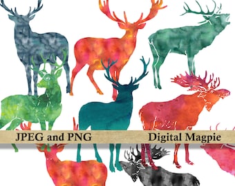 Acuarela Ciervo clipart imágenes digitales hoja de collage imprimible archivos JPEG y PNG descarga instantánea para scrapbooking diario arte alterado