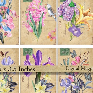 Sjaskig blommig antik digital pappersbakgrund ATC presentetikett vintage scrapbooking 2,5 x 3,5 utskrivbart collageark direktnedladdning bild 1