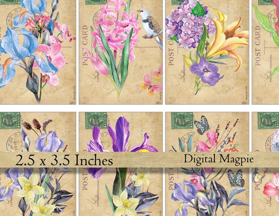 Shabby floral antique digital paper background atc gift tag vintage scrapbook 2.5 x 3.5 printable collage sheet instant download