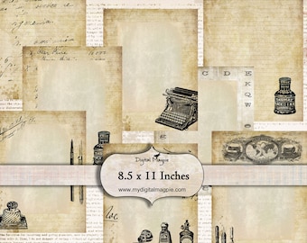 digital paper pack vintage office stationery journal paper grunge shabby printable scrapbook backgrounds collage sheet instant download