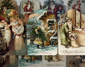 Juletiketter - Vintage jultomte - Digitalt utskrivbart - Presentetiketter - Digitalt collageark med vintage juletiketter