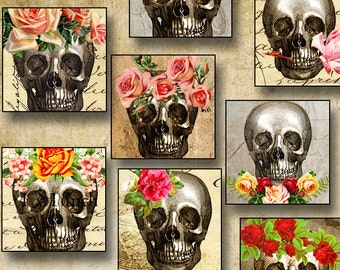 Skulls 1 inch square vintage Halloween digital collage sheet inchies printable images instant download for pendants jewelry