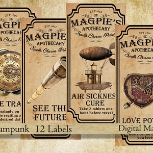 May include: Four vintage-style labels with steampunk designs. The labels feature a clock, telescope, airship, and a heart with gears. The text on the labels reads "Time Travel", "See the Future", "Air Sickness Cure", and "Love Potion".