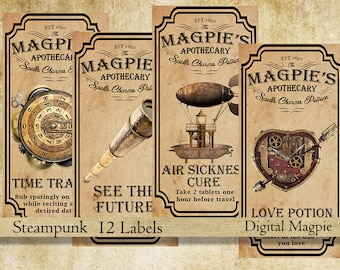 Rótulos de boticário Steampunk para potes, garrafas, etiquetas e enfeites de álbum de recortes, poção vintage, feitiço mágico jpg