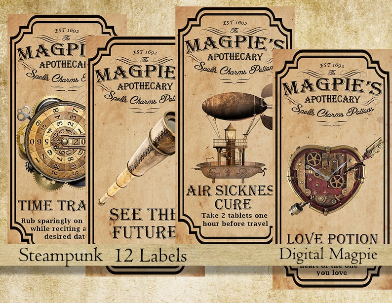 K&ouml;nnte beinhalten: Vier Etiketten im Vintage-Stil mit Steampunk-Designs. Die Etiketten zeigen eine Uhr, ein Teleskop, ein Luftschiff und ein Herz mit Zahnr&auml;dern. Der Text auf den Etiketten lautet "Zeitreise", "Die Zukunft sehen", "Mittel gegen Reisekrankheit" und "Liebestrank".