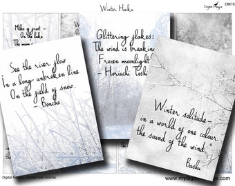 Winter Haiku Digital Collage Sheet Printable Download Atc tags Christmas tags of snow frost ice trees images winter landscape and poetry