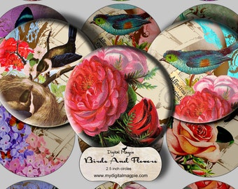 2.5 inch circles digital collage sheet printable download birds and flowers digital craft images for magnets, pocket mirrors and tags